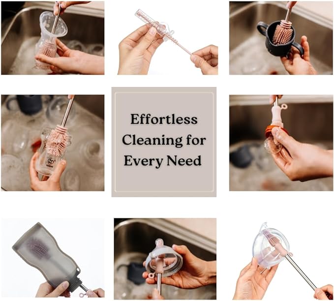 Haakaa Silicone Cleaning Brush Kit – Household Cleaning Brushes for Bottles and Crevices – Food-Grade Silicone: Dishwasher Safe (Kit-Blush)