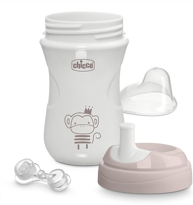 Chicco Sport Spout Trainer with Semi-Firm, Bite-Resistant Spout and Spill-Free Lid 9oz. | Top-Rack Dishwasher Safe | Easy to Hold with Ergonomic Indents | Coral/Grey, 2pk | 9+ months