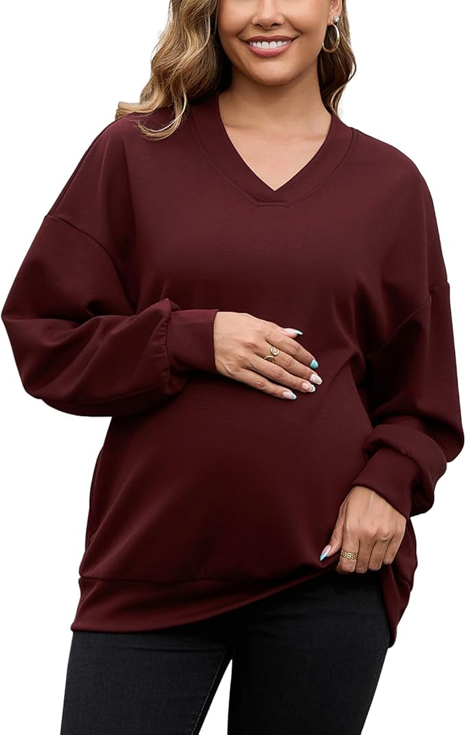 GINKANA Maternity Long Sleeve Shirts V Neck Sweatshirt Casual Tunic Tops Pregnancy Pullover with Pockets