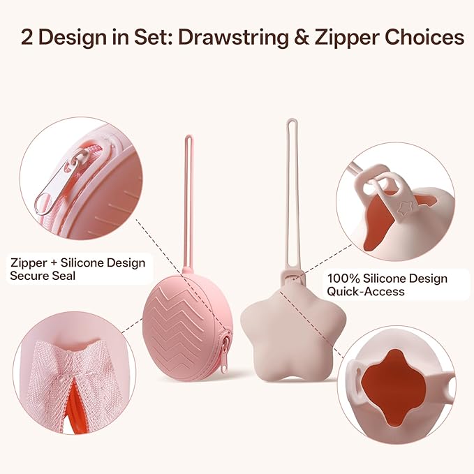 Silicone Pacifier Holder Case, Pacifiers Holder Pouch for Diaper Bag, Pacifier Storage Case for Baby Girl Boy, Outdoor On-The-Go Use, 2 Pack, Light Pink + Pink