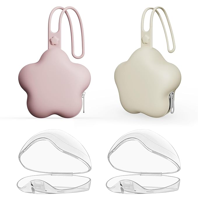 4 Pack Pacifier Holder Case,2pcs Silicone Portable Pacifier Pouch and 2pcs Transparent Nipple Holder Case Container, On-the-GO Pacifier Storage Container Box,BPA Free, Easy to Clean（Pink&Khaki）