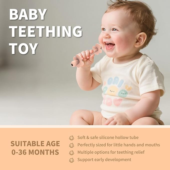 Baby Teething Straws, Silicone Tube Teethers for Babies 3+ Months, Shielded Hollow Infant Teether Sticks Toddlers Teething Relief Toys, Baby Chew Gifts 6 Pack (Rose Pink Lavender Mint Yellow Red)