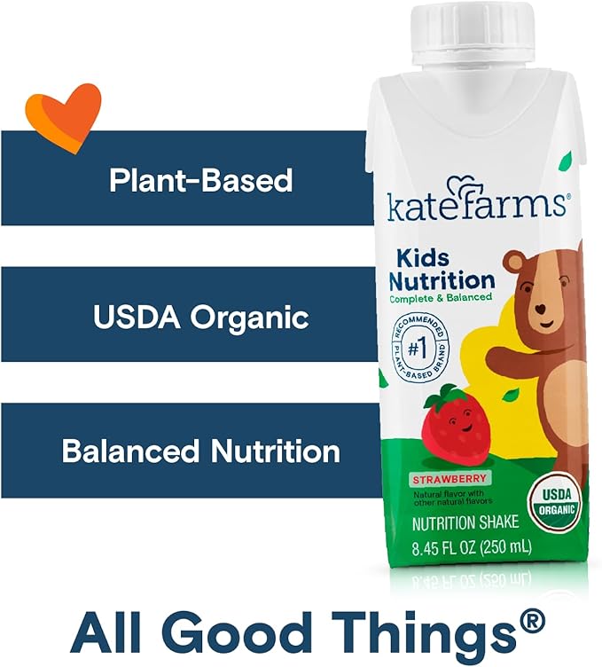 KATE FARMS Organic Kids Nutrition Strawberry Shake, 8g Protein, 27 Vitamins and Minerals, Meal Replacement, Gluten Free, Non-GMO, 8.45 oz (12 Pack)