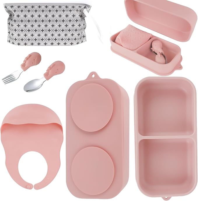 Travel Silicone Baby Feeding Set with 316 Stainless Steel Spoon & Fork,Silicone Suction Plates, Foldable Bib, Storage Bag - Portable Infant Toddler Utensils, 6-Piece BPA-Free Dishware Kit（pink）