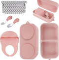Travel Silicone Baby Feeding Set with 316 Stainless Steel Spoon & Fork,Silicone Suction Plates, Foldable Bib, Storage Bag - Portable Infant Toddler Utensils, 6-Piece BPA-Free Dishware Kit（pink）