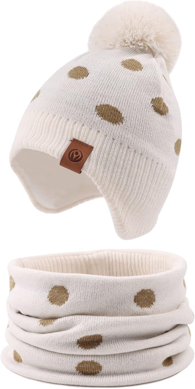 JANGANNSA Knitted Baby Hat Scarf Set Winter Warm Boys Girls Beanie Fleece Lining Toddler Kids Hats with Pompom