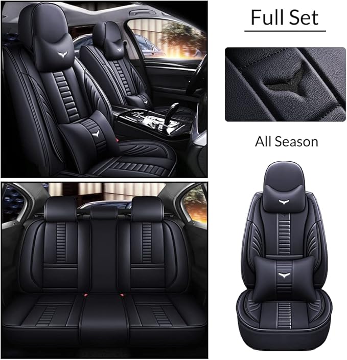 Full Set of Universal Fit Automotive Seat Covers fit for Suzuki 1999-2025 95% Models, PU Leather Automobile Interior Sets with Headrest & Back Pillow Black & Black Line