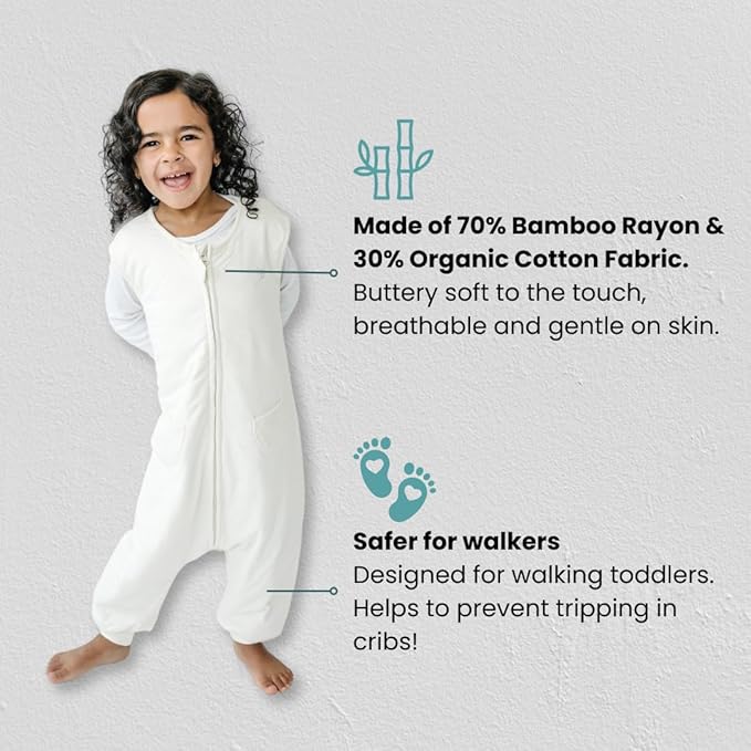 Tealbee Dreamsuit Toddler Sleep Sack with Feet – Walker Sleep Bag with Legs, Rayon made from Bamboo, All Season 1.2 TOG, 2-Way Zipper, 2T-3T - Undyed
