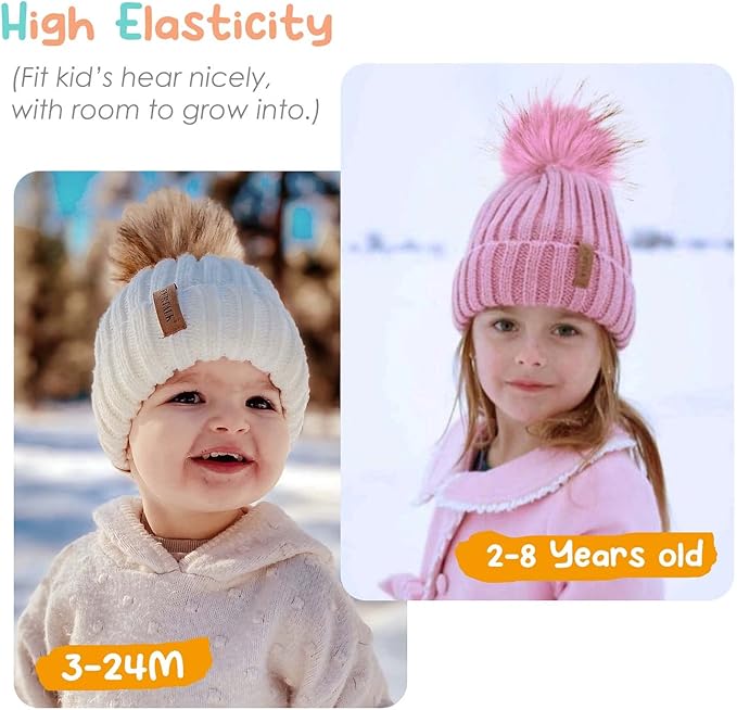 FURTALK Kids Winter Hat Toddler Knitted Beanie with Faux Fur Pom Poms for Baby Girls Boys