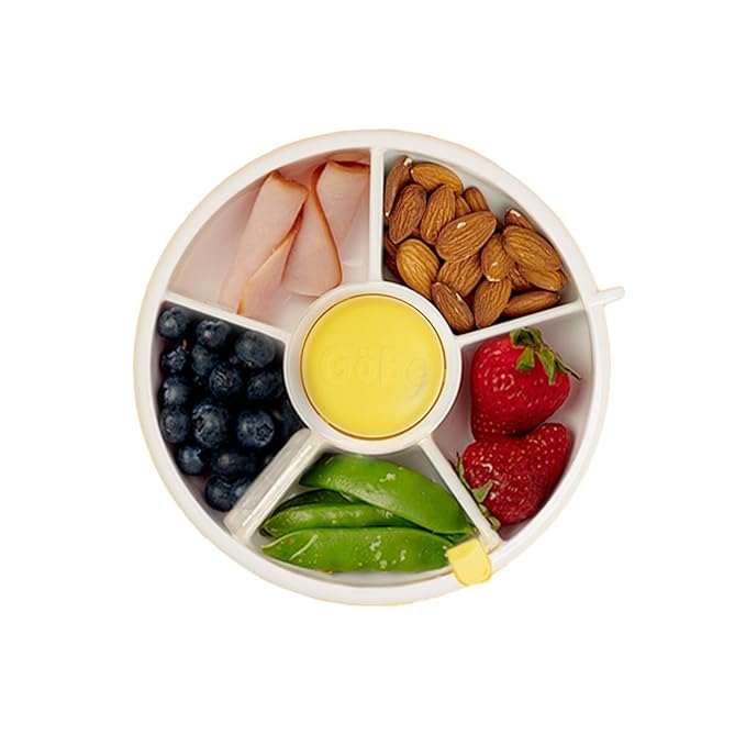 GoBe Kids Small Snack Spinner Flip Bundle with Hand Strap and Sticker Sheet - Reusable Snack Container with 5 Compartment Dispenser and Lid | BPA/PVC Free | Dishwasher Safe | No Spill - Lemon Yellow