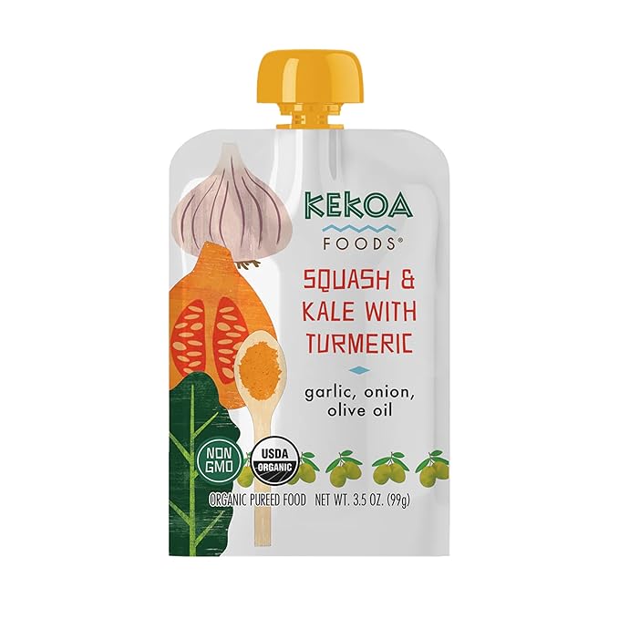 Kekoa Foods Squash & Kale with Turmeric Baby Food Purée | 100% USDA Certified-Organic Vegetarian | Organic, Non-GMO, Gluten-Free, Vegan | Flavorful & Nutritious First Food for Babies | 3.5 oz 36 Pack