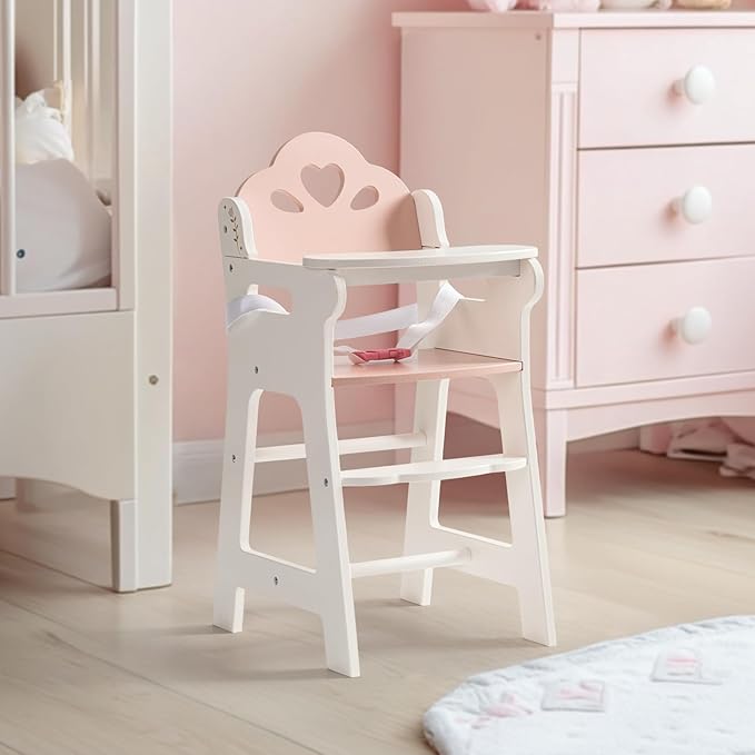 ROBOTIME Baby Doll High Chair, Pretend Play High Chair with Safety Belt and Footrest, Wooden Baby Doll Accessories, Doll Furniture Fits 18-20 Inch Dolls, Gift for Ages 3+ (White)