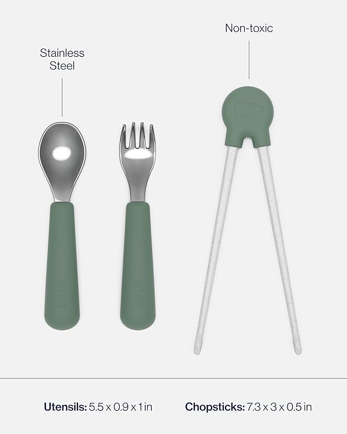 Lalo Big Bites Kids Dinnerware Full Set - Dishwasher Safe, BPA Free, Kids Tableware Set - Includes Stackable Bowl, Plate, Utensils & Cup - 7 Pieces - Olive