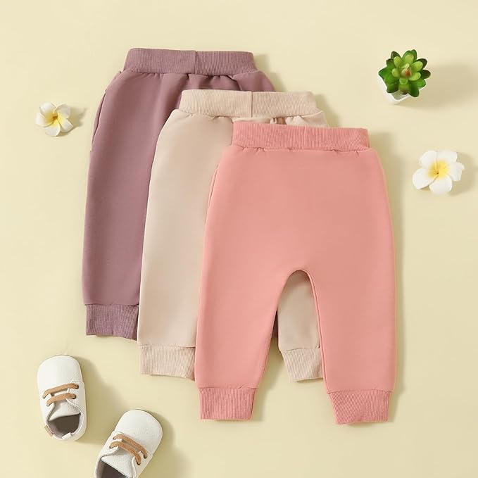 Sejardin Toddler Baby Boy Girl Pants 3 Pack Solid Color Elastic Waist Jogger Sweatpants Newborn Infant Casual Bottoms