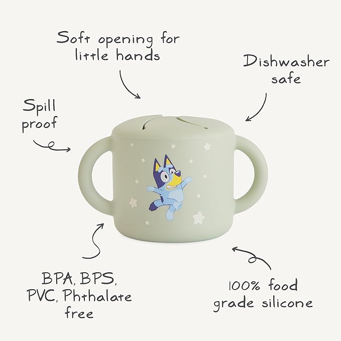 mushie x Bluey Silicone Snack Cup | Spill Proof Food Container for Toddler and Baby (Bluey Sage)