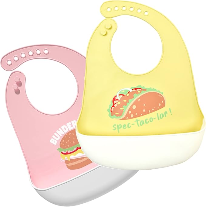 Silicone Bibs for Babies and Toddlers 2 Sets Feeding Bibs for Boy and Girl, Adjustable Soft Waterproof Bibs