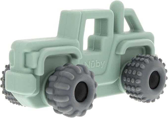 Nuby Silicone Teether Toy for Babies - Textured Teething Green Jeep Car with Moving Wheels - Soothes Sore Gums - Encourages Tactile Development and Hand-Eye Coordination - Ages 6+ Months