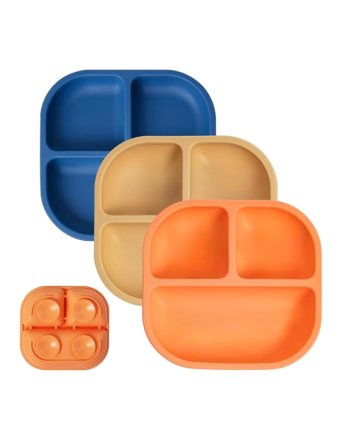 BABELIO Powerful Suction Plates for Baby and Toddler, 100% Food Grand Silicone, Divided, BPA Free, Microwave & Dishwasher Safe, Stay Put, 3 Pack