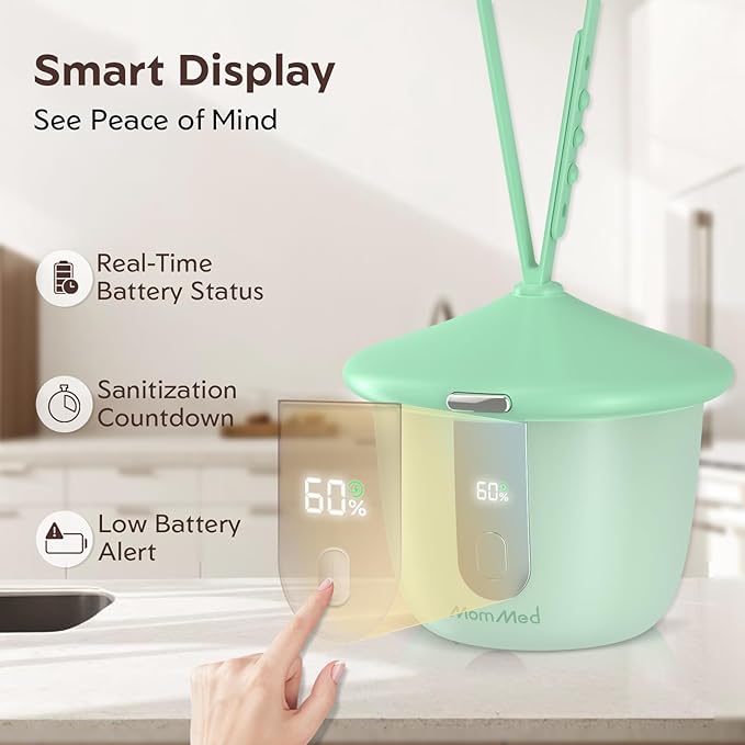 MomMed Portable Pacifier Sanitizer with Smart Display, Dual 60/180s Disinfection Modes, Auto Shut-Off, UV Pacifier Holder Case for Baby Pacifiers, Teethers, Bottle Nipples and More(Green)