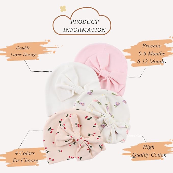 Bamery Newborn Baby Girl Hat Cotton Baby Bow Beanie Preemie Hats Spring Infant Hats for Girls 0-12 Months