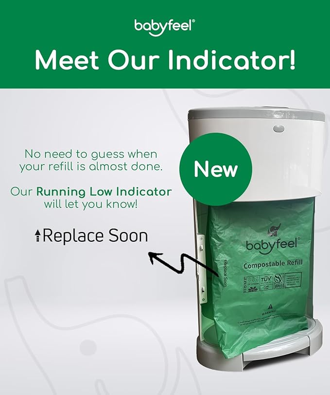 Babyfeel BIO Refills Compatible with DEKOR PLUS Diaper Pails | 100% Compostable | 4 Pack | 50% Extra Thickness | Compost Refill bags with Running Low Indicator | Powerful Odor Control | Fragrance-free