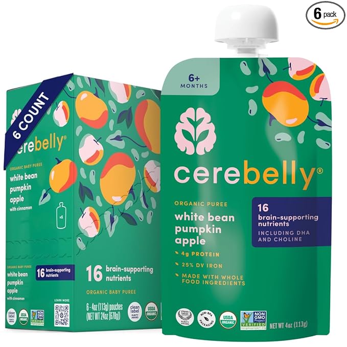 Cerebelly Organic Baby Food Pouches, White Bean Pumpkin Apple Purees, 16 Nutrients, No Added Sugar, Fiber & Non-GMO, 4oz, 6 Pack