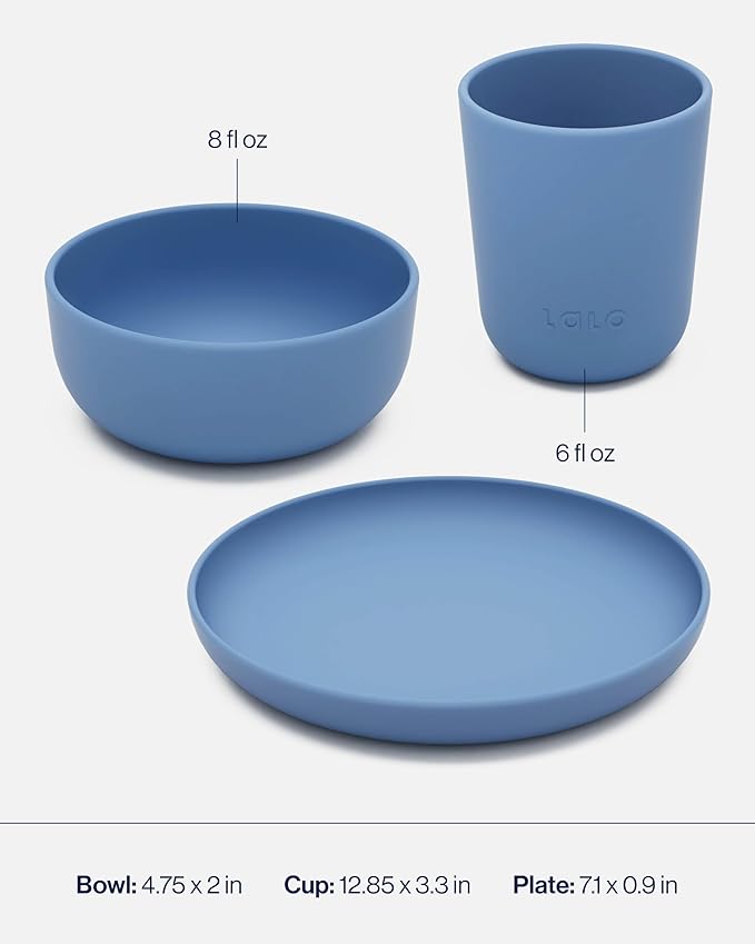Lalo Big Bites Kids Dinnerware Full Set - Dishwasher Safe, BPA Free, Kids Tableware Set - Includes Stackable Bowl, Plate, Utensils & Cup - 7 Pieces - Blueberry