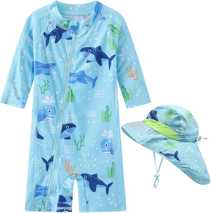 Toddler Baby Boys Swimsuit Rashguard One Piece Zipper Bathing Suit with Sun Hat Infant Swimwear Sunsuit UPF 50+