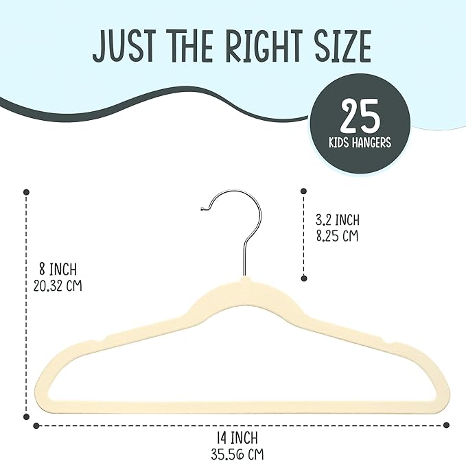 25 Premium Kids Velvet Hangers - 14" Non-Slip Clothes Hangers for Kids & Preteens - Ultra Slim, Space-Saving, Strong & Durable Hangers with 360° Swivel Hook - Beige