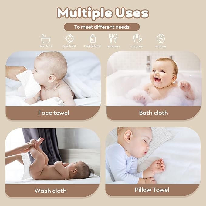 Yoofoss Muslin Baby Washcloths 100% Cotton Face Towels 6 Pack Wash Cloths for Baby 12x12in Soft and Absorbent Baby Wipes (White)