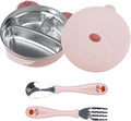 Stainless Steel Baby Feeding Bowl, Toddler Suction Plate with Lid Spoon and Fork, Perfect for Children (Pink)