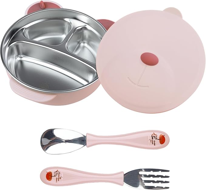 Stainless Steel Baby Feeding Bowl, Toddler Suction Plate with Lid Spoon and Fork, Perfect for Children (Pink)