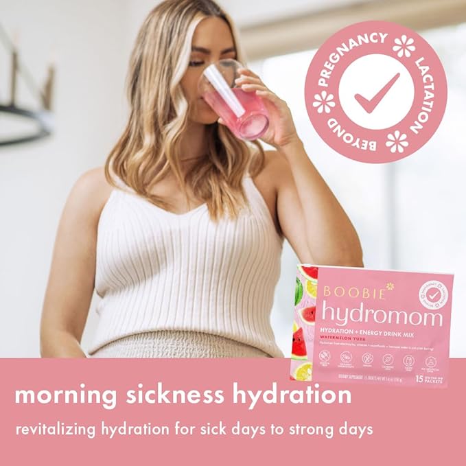Boobie Hydromom Superfood Electrolyte Drink Mix, Watermelon Yuzu | Refreshing Energy & Hydration Boost for Mamas | On-The-Go & Travel Essentials for Pregnancy, Lactation, & Beyond, 15 Packets