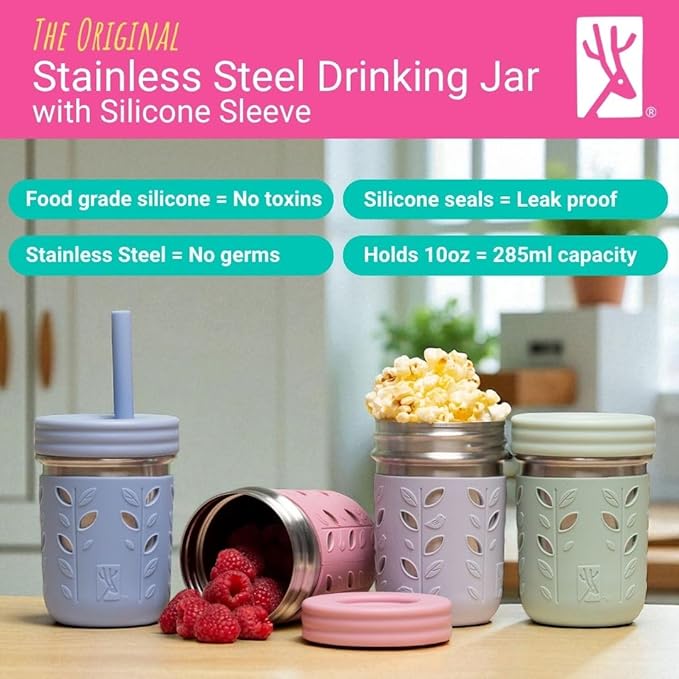 Elk and Friends 14oz Stainless Steel Kids + Toddler Drinking Cups | The Original Mason Jars with Lids + Sleeves + Straws | Smoothie Cups | Spill Resistant | Dishwasher Safe | 4 Pack