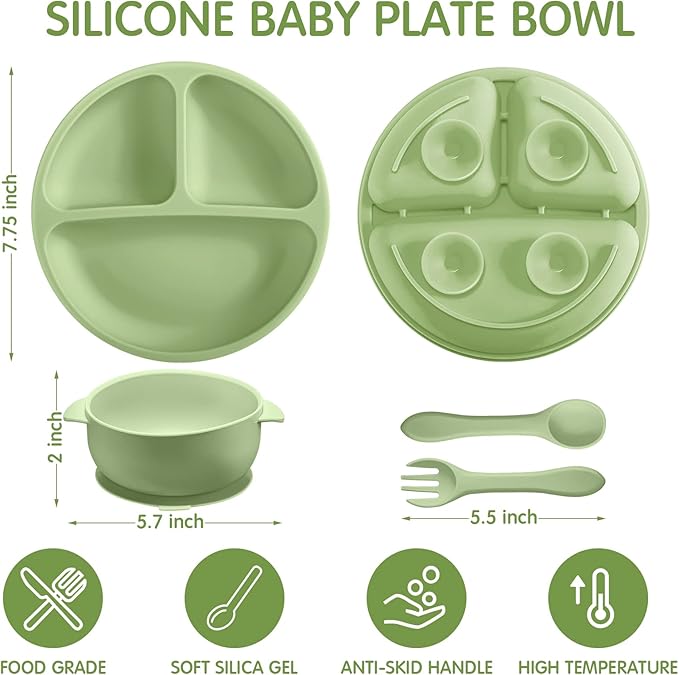 Chengu 12 Pcs Silicone Bowl with Suction Set for Baby Toddler with Suction Plate, Spoon and Fork, Divided Design Baby Feeding Utensils Weaning Kit, Dishwasher and Microwave Safe