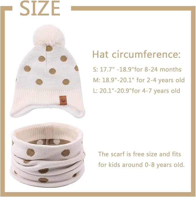 JANGANNSA Knitted Baby Hat Scarf Set Winter Warm Boys Girls Beanie Fleece Lining Toddler Kids Hats with Pompom