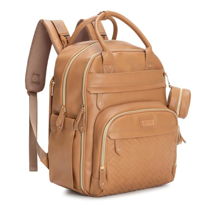 BabbleRoo Leather Diaper Bag Backpack - Baby Essentials Travel Baby Bag, Multi function, Water Resistant, with Changing Pad, Stroller Straps & Pacifier Case – Unisex, Light Brown