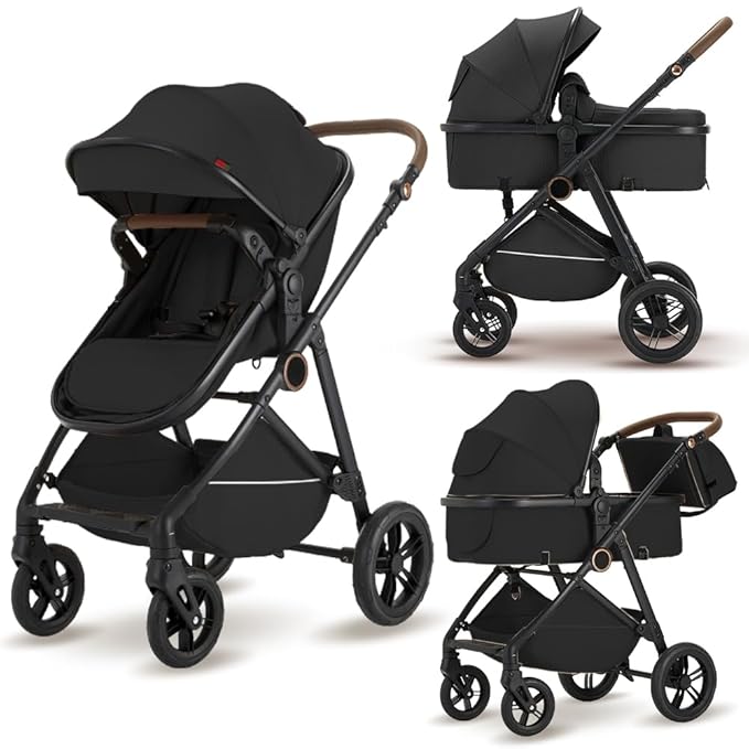 2 in 1 Baby Stroller, High Landscape Infant Stroller Pram Foldable Pushchair with Adjustable Canopy, Storage Basket,5-Point Harness,Mom Bags (Black)