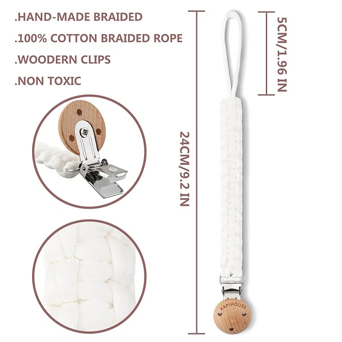 Pacifier Clip for Girl 9.2 Inch Pacifier Leashes woodern Clips Teething Toy with Handmade Braided Cotton Modern Unisex Baby Shower Birthdays Christmas Set (3 Pack Grils)
