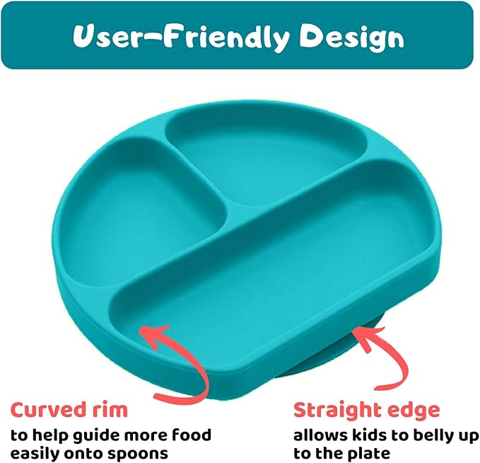 Silikong Suction Plate for Toddlers | BPA Free, 100% Food-Grade Silicone | Microwave, Dishwasher and Oven Safe | Stay Put Divided Baby Feeding Plates (1, Turquoise)