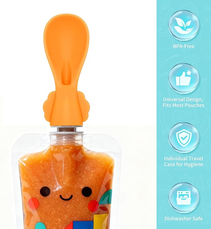 Universal Baby Food Pouch Spoon Attachment - 10 Pack, Silicone Baby Spoons for Pouches, Travel-Friendly Baby Food Squeeze Pouch Spoon