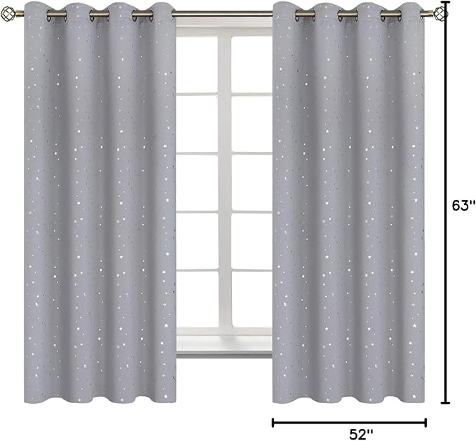 BGment Light Grey Star Blackout Curtains for Kid's Bedroom - Grommet Thermal Insulated Room Darkening Printed Curtains for Living Room, Set of 2 Panels (52 x 63 Inch, Light Grey)
