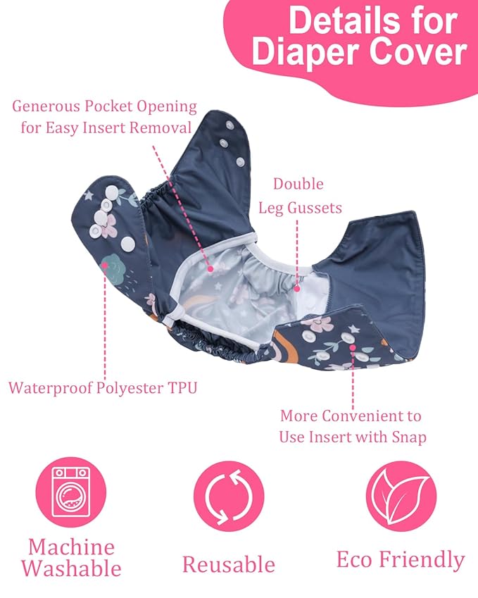 babygoal Cloth Diaper Covers 6 Pack with Wet Bag for Fitted Diapers and Prefolds with Double Gussets, Adjustable and Reusable for Baby Girls 6DCF16-B