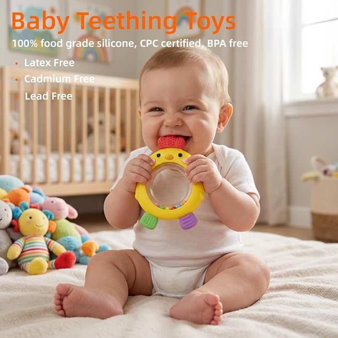 Baby Teether Rattle Toy,Babies Teething Rings Toys for 0-6 6-12 Months,Chicken Shape Textured Silicone Chew Toy for Gum Relief,Silicone Teether,BPA Free Baby Chew Toys Newborn Accessories