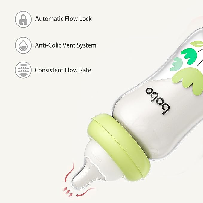 YOHKOH Natural Glass Baby Bottle with Natural Response Nipple, Newborn Anti-Colic Baby Bottles, Wide Neck Mushroom Cap Baby Bottle, Clear (Green, (5.4oz (Pack of 4))