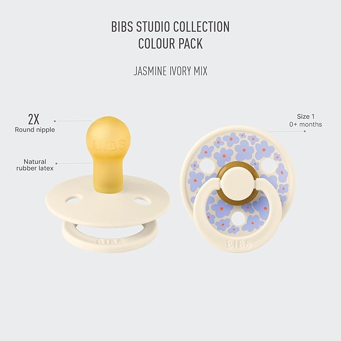 BIBS Pacifiers - Studio 2 Pack | Round Nipple Baby Pacifier | BPA Free Natural Rubber Latex Soother | Made in Denmark | Size 0+ Months | Jasmine Fossil Grey