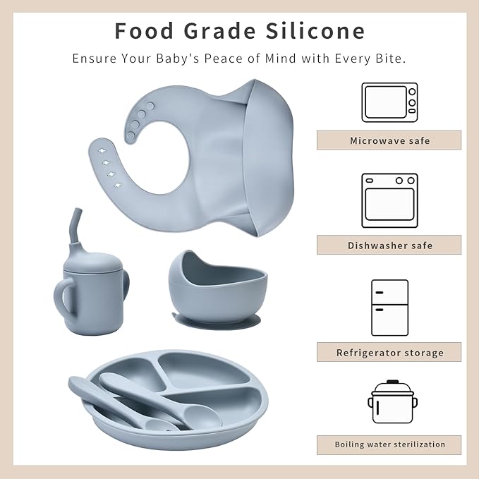 Baby Silicone Feeding Set, Baby Weaning Set, Baby Essentials, Includes Baby Spoons, Baby Bibs, Suction Plates for Baby， Baby Bowls, Food Grade Silicone, BPA Free (A-1)