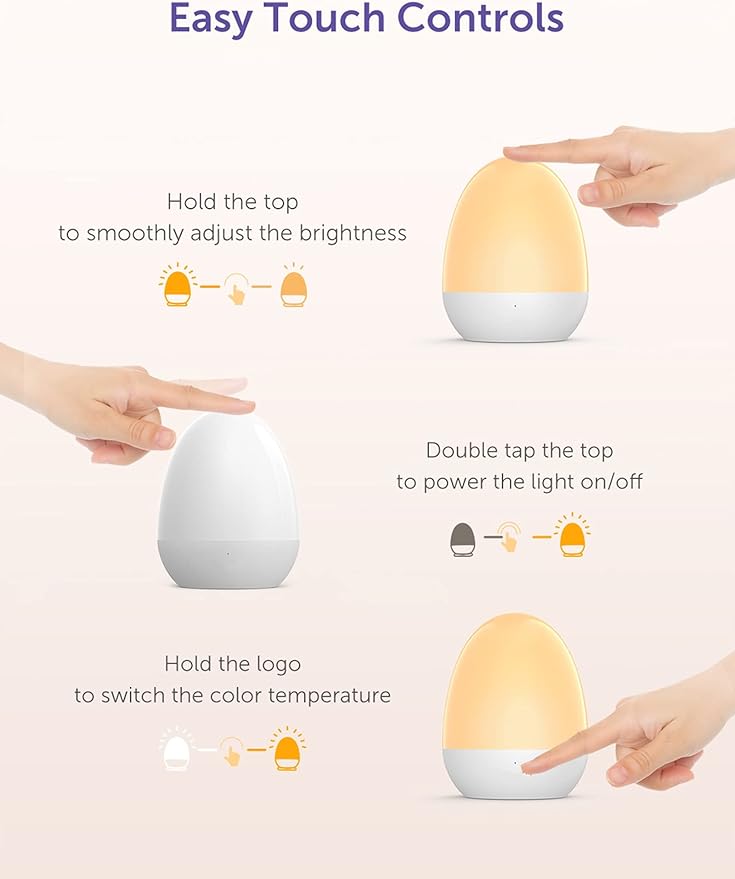 Baby Night Light for Kid, Portable Egg Nightlight with Stable Charging Pad, Touch Nursery Night Lamp for Breastfeeding, Toddler Night Light for Bedroom, Timer Setting, ABS+PC, White-2