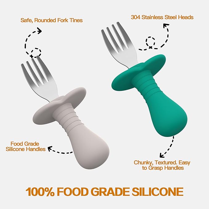 Baby Forks Toddler Forks for Self Feeding, Kids Forks with Silicone Round Handle, Stainless Steel Toddler Utensils Children Safe Silverware Set, Anti-Choke Design, BPA Free - Green Blue