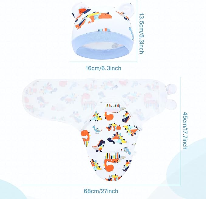 Cinaci 2 Pieces Adjustable Soft Cotton Baby Swaddle Sleep Sacks Hats Newborn Nursery Caps Beanies Bonnets Swaddle Blanket Wraps for Baby Girls Boys Infants Newborns (2PCS S6)